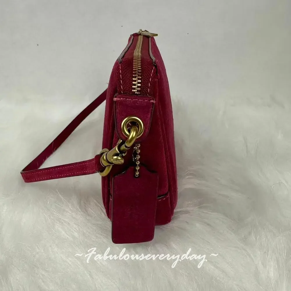 Coach Plaza Bag Shoulder Bag In Suede Brass/Dark Fuchsia CER64 NWT